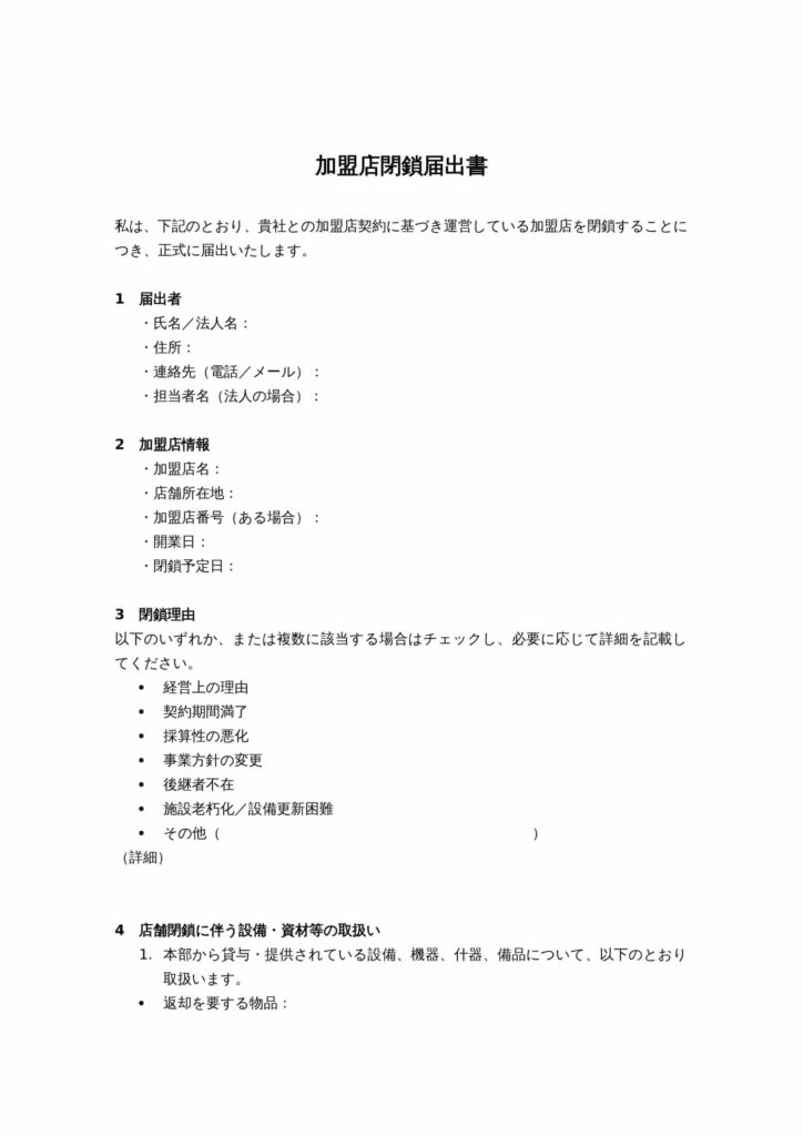 加盟店閉鎖届出書