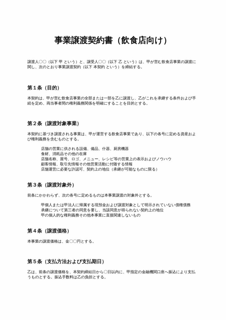 事業譲渡契約書（飲食店向け）