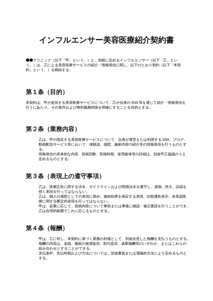 インフルエンサー美容医療紹介契約書