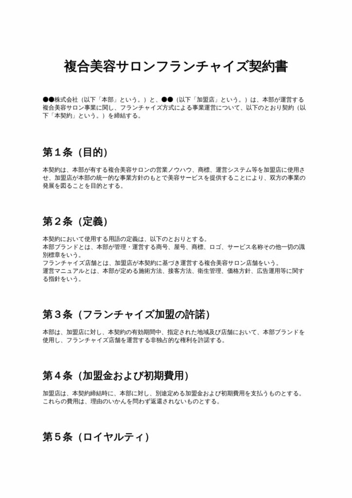 複合美容サロンフランチャイズ契約書