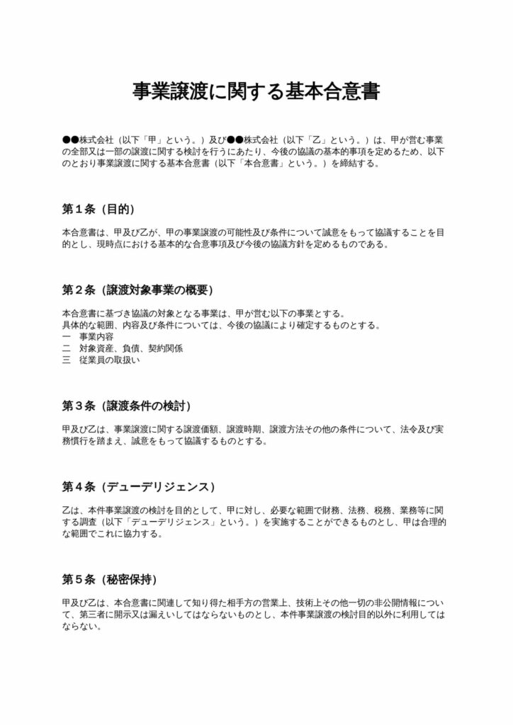 事業譲渡に関する基本合意書