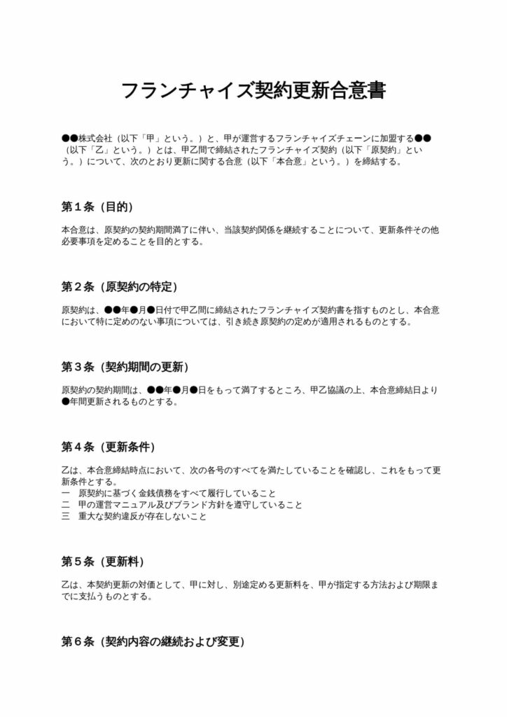 フランチャイズ契約更新合意書