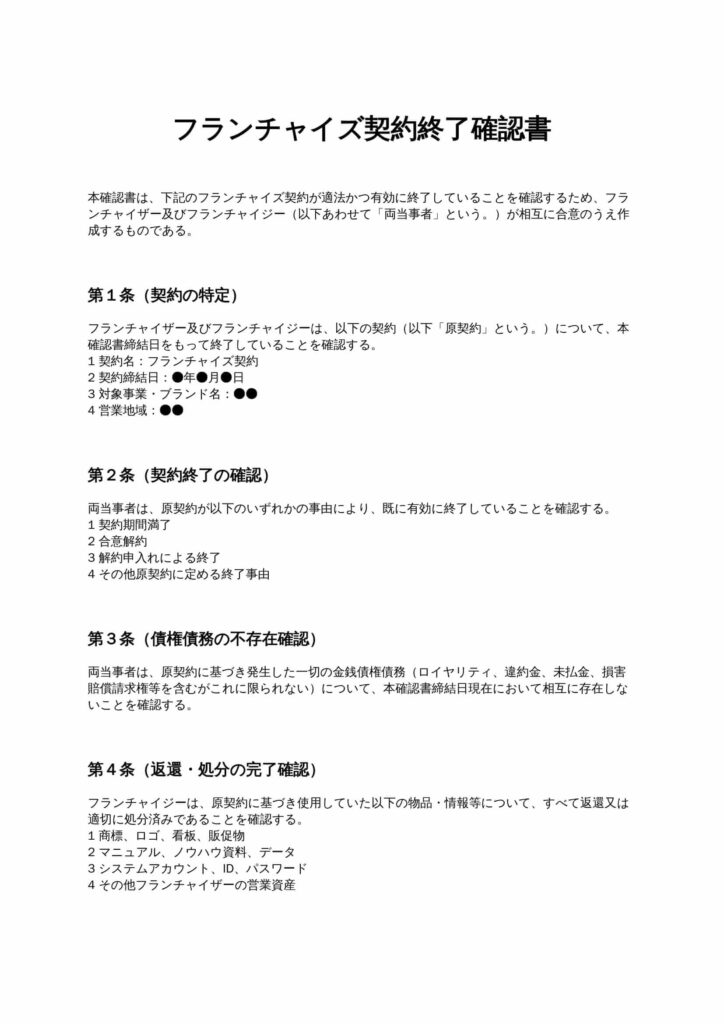 フランチャイズ契約終了確認書