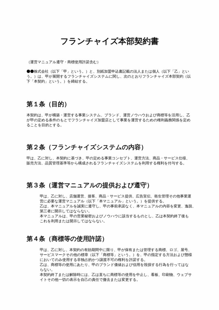 フランチャイズ本部契約書（運営マニュアル・商標使用含む）