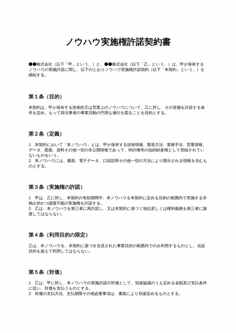 ノウハウ実施権許諾契約書 無料ひな形・テンプレート