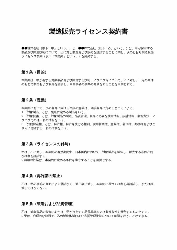 製造販売ライセンス契約書