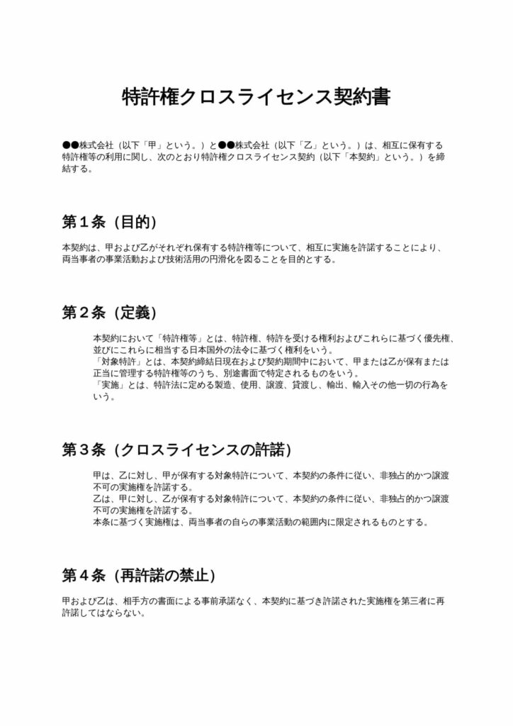 特許権クロスライセンス契約書