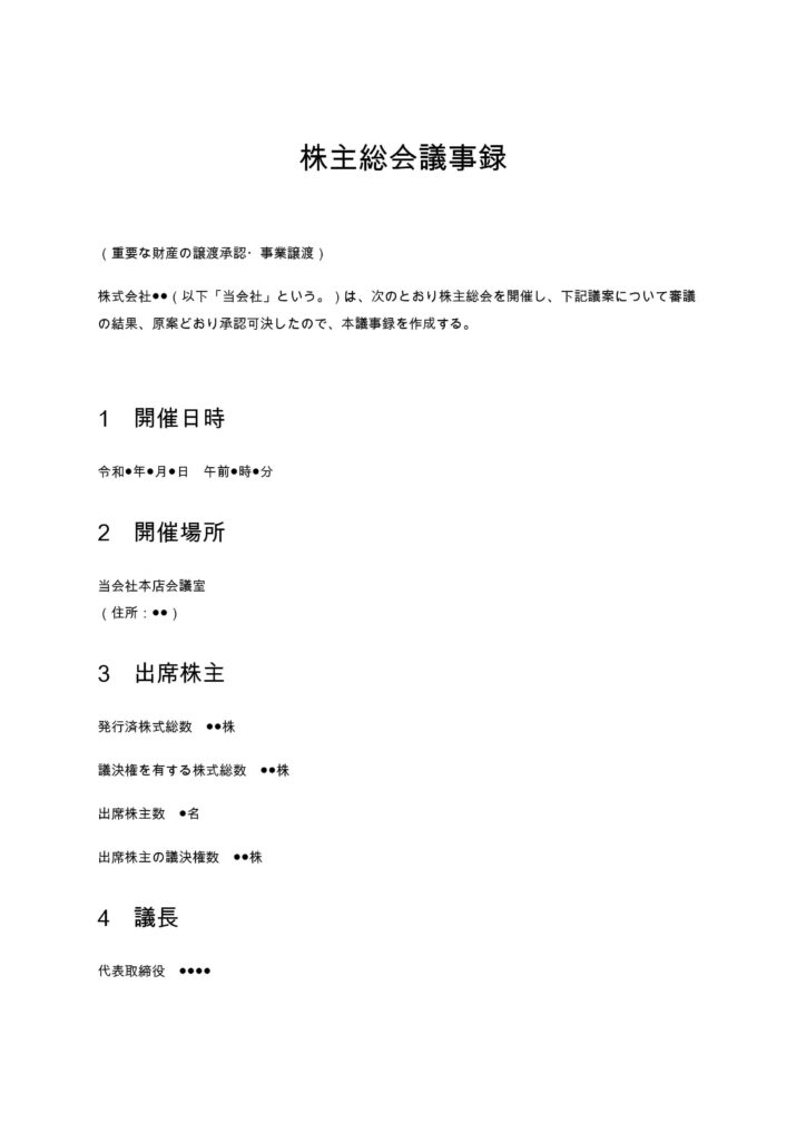 重要な財産の譲渡承認の議事録（事業譲渡）