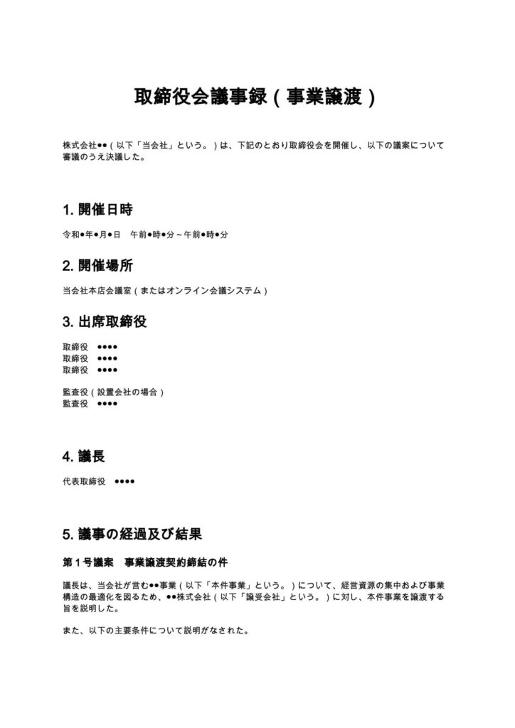 取締役会議事録（事業譲渡）