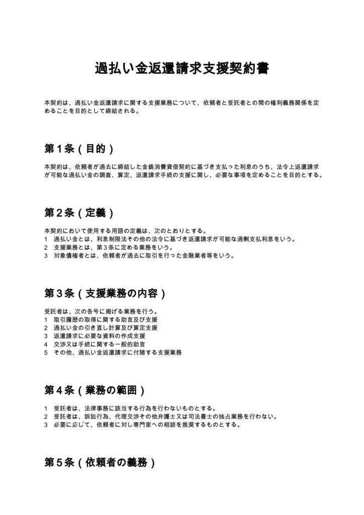 過払い金返還請求支援契約書
