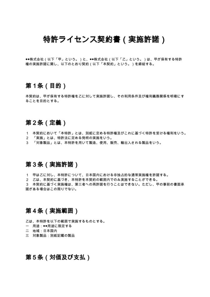 特許ライセンス契約書（実施許諾）