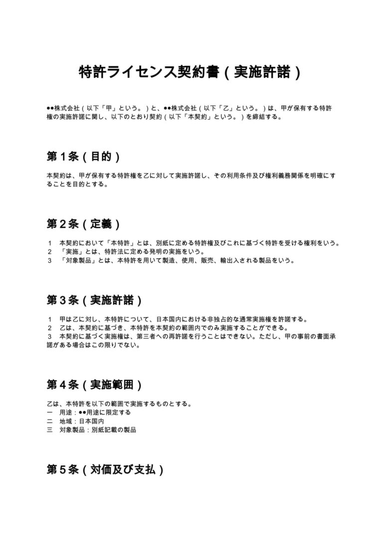 不動産　実務で使える文書雛形・解説書 特許ライセンス契約書（実施許諾） 無料ひな形・テンプレート
