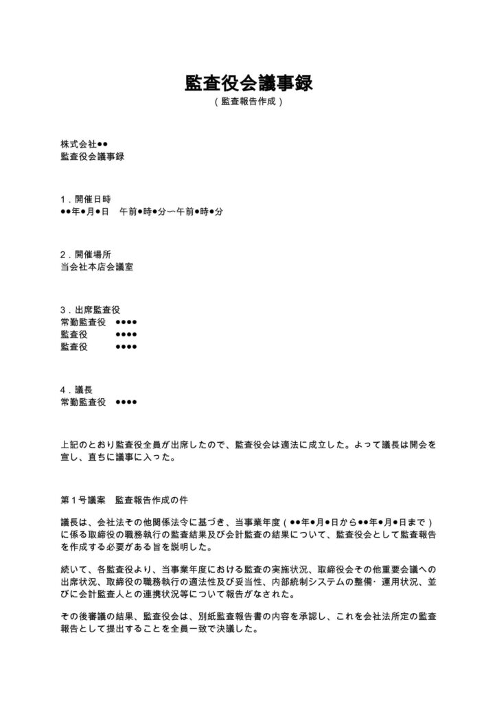 監査役会議事録(監査報告作成)