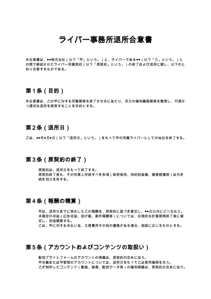 ライバー事務所退所合意書