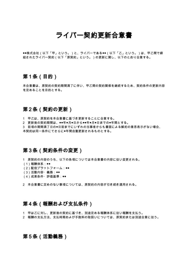 ライバー契約更新合意書