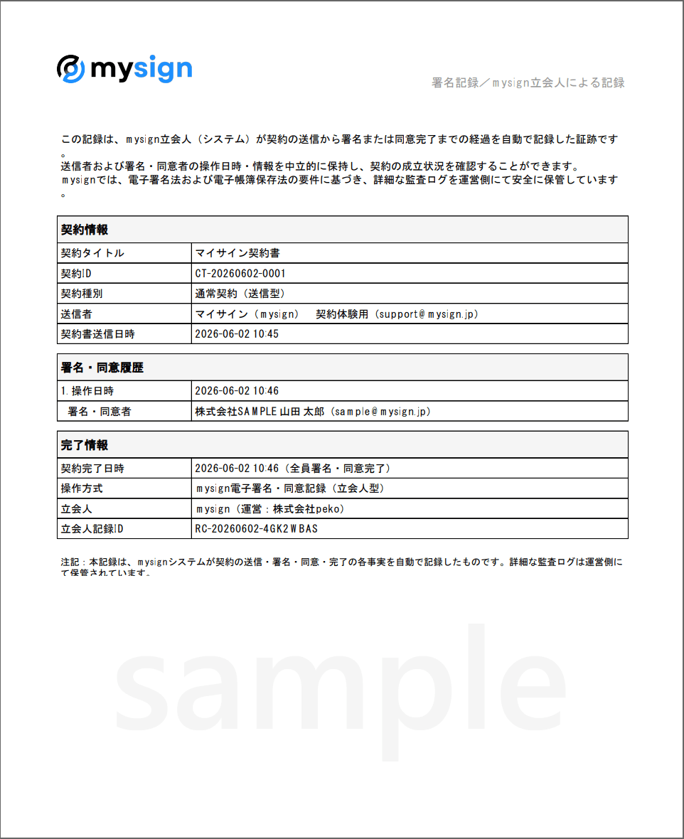 マイサインの立会人記録(完了証明書)PDF
