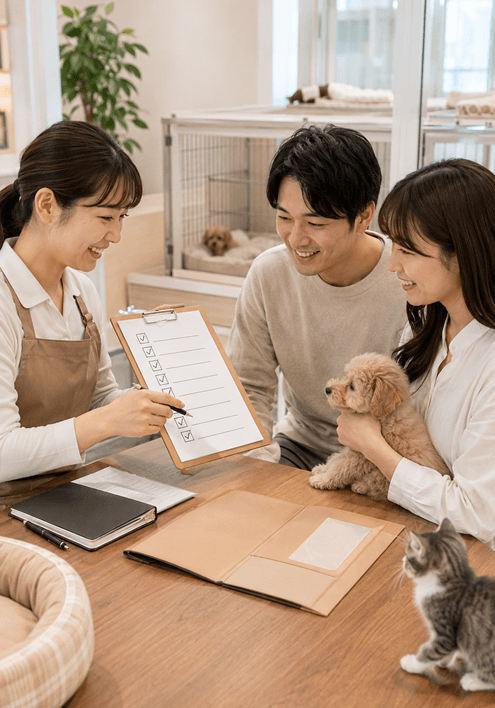 犬猫の健康状態や保証条件を確認項目として残せる