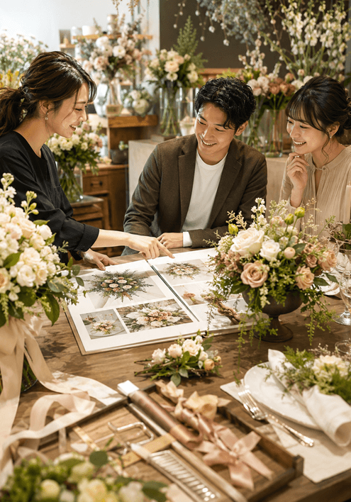 婚礼やイベントの会場装花について打ち合わせる花屋のスタッフ