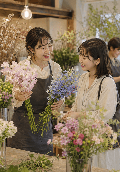 季節や入荷状況に応じた花材の変更について説明するフラワーショップ