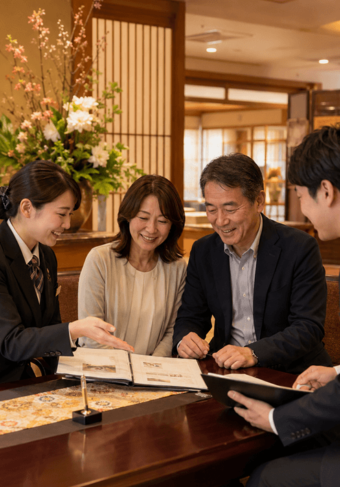 ホテルの団体宿泊や宴会の契約条件を確認する担当者