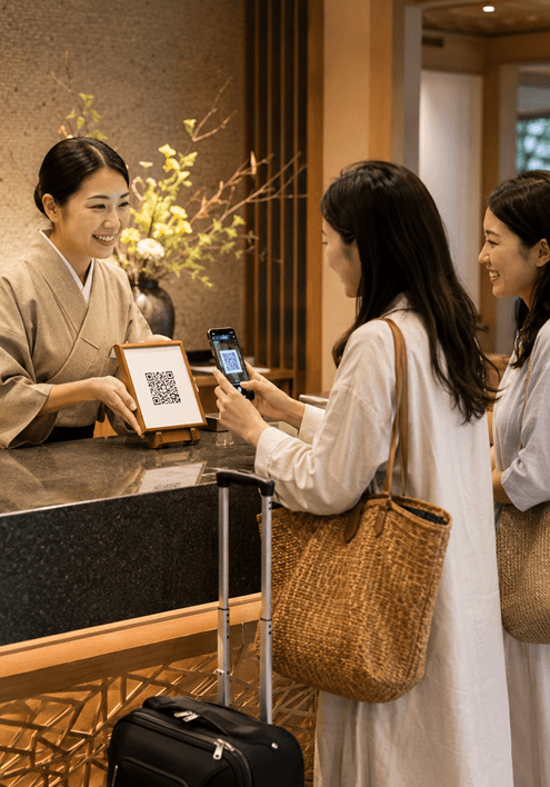 ホテルや旅館のフロントでQRコードから同意書を案内する様子