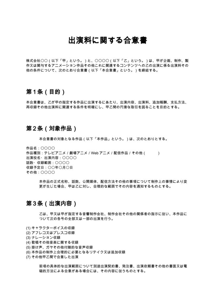 出演料に関する合意書