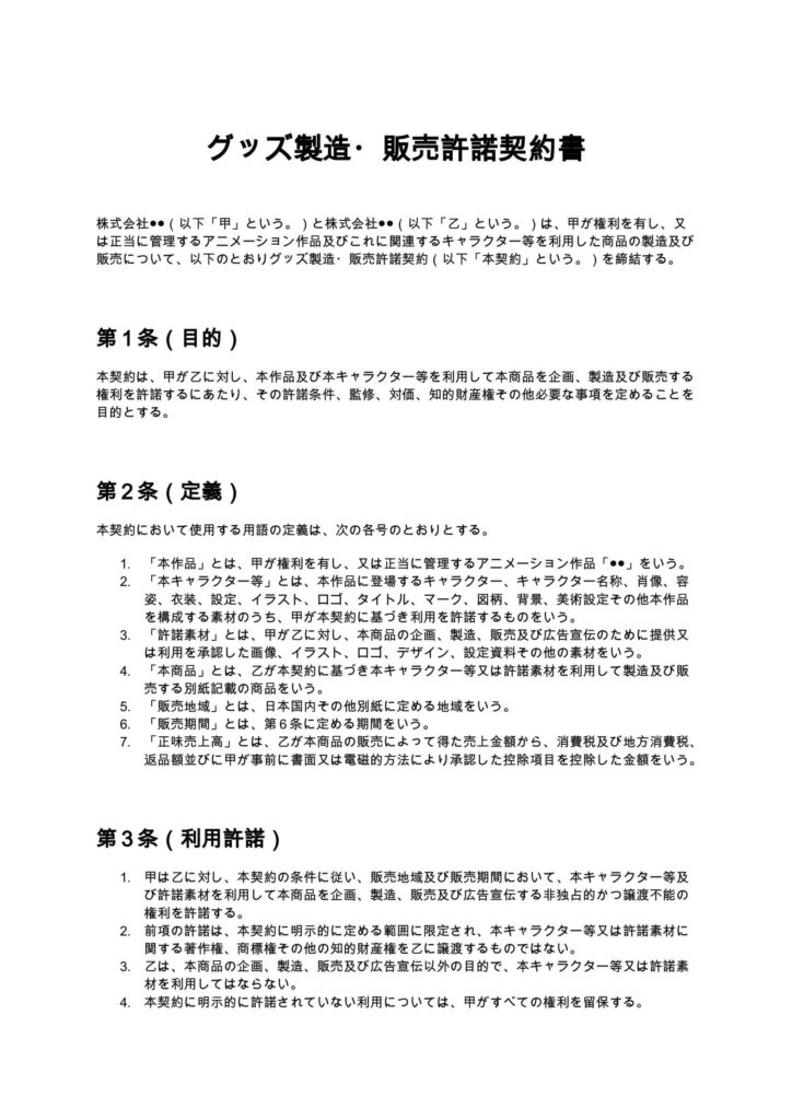 グッズ製造・販売許諾契約書