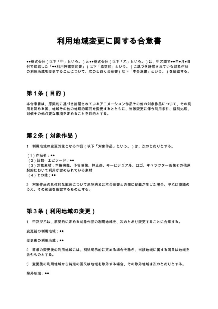 利用地域変更に関する合意書(アニメ制作会社)
