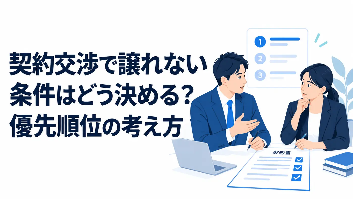 契約交渉で譲れない条件はどう決める？優先順位の考え方のタイトルと契約書を確認するビジネス担当者のイラスト
