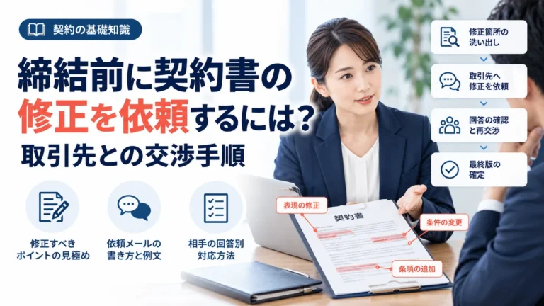 締結前に契約書の修正を依頼するには？取引先との交渉手順のタイトル全文と修正箇所を示した契約書をめぐるビジネス担当者の打ち合わせ