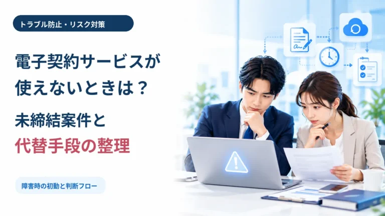 電子契約サービスの障害時に契約書とパソコンを確認するビジネス担当者を描いたアイキャッチ