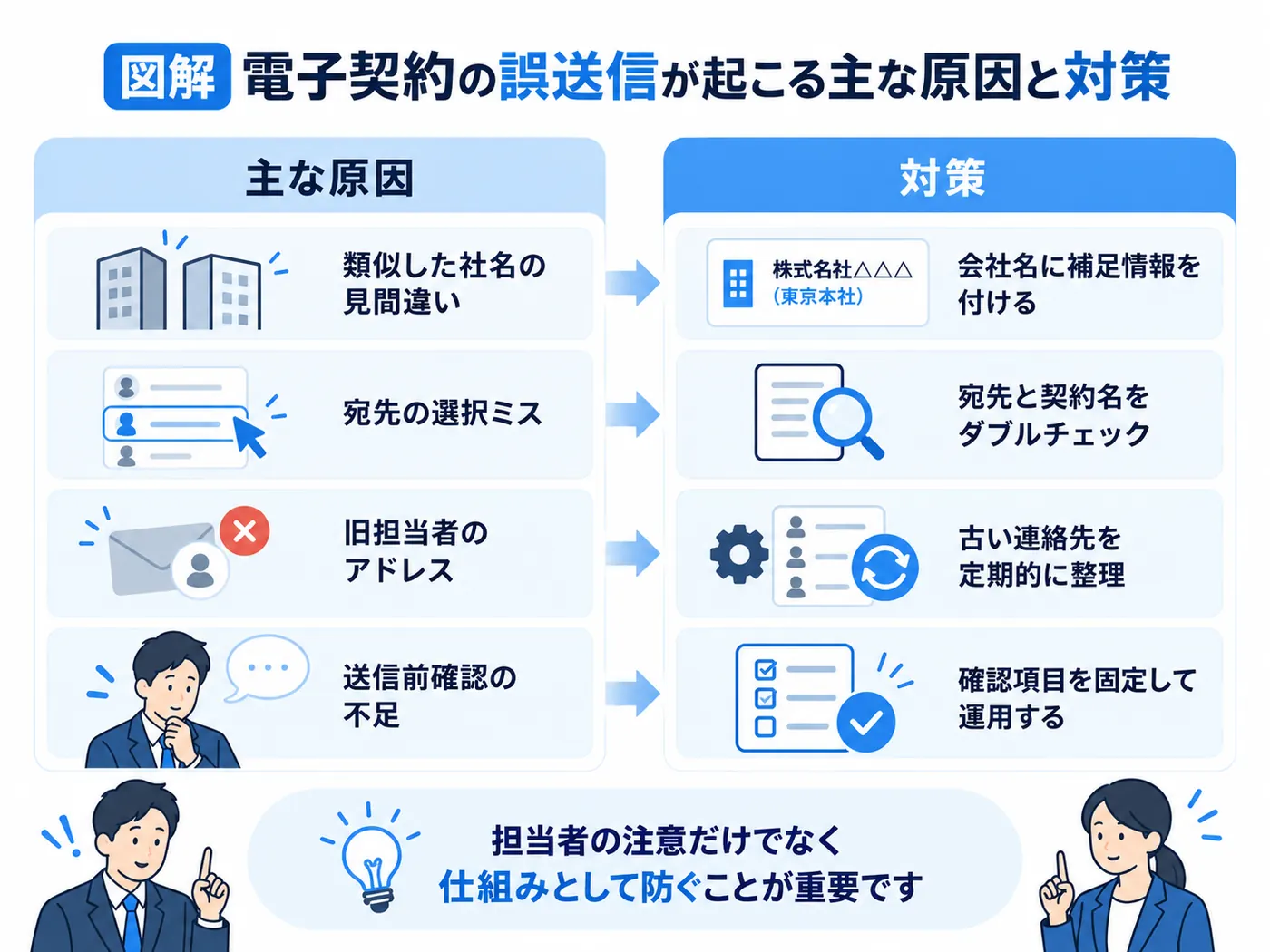 似た社名の見間違い、宛先の選択ミス、旧担当者アドレス、送信前確認不足と対策を比較した図解