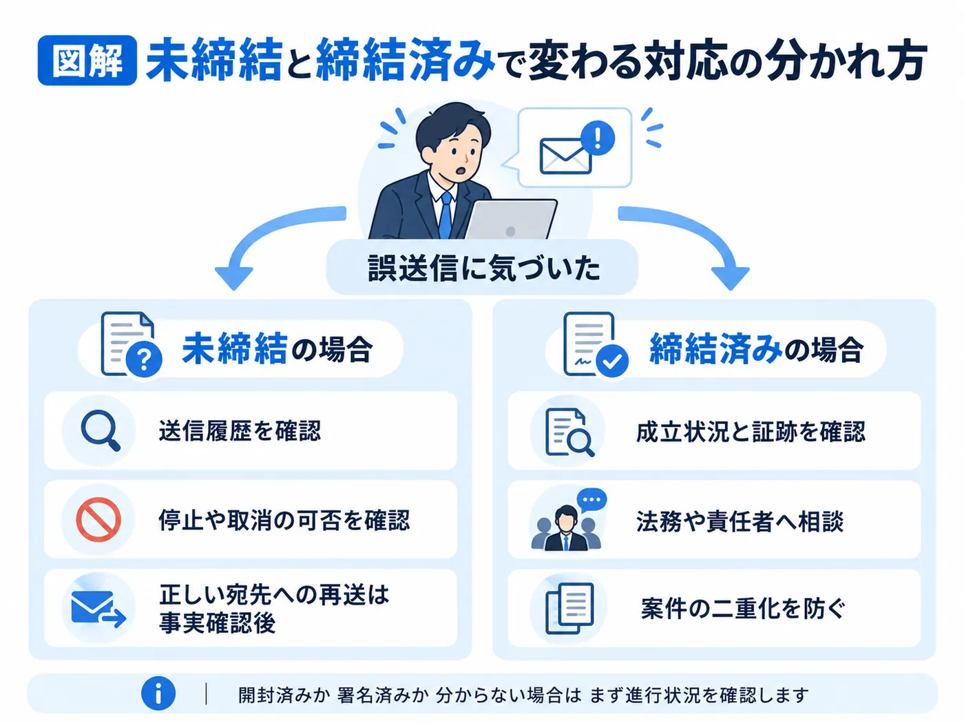 誤送信した電子契約が未締結の場合と締結済みの場合で対応を分岐した比較図解