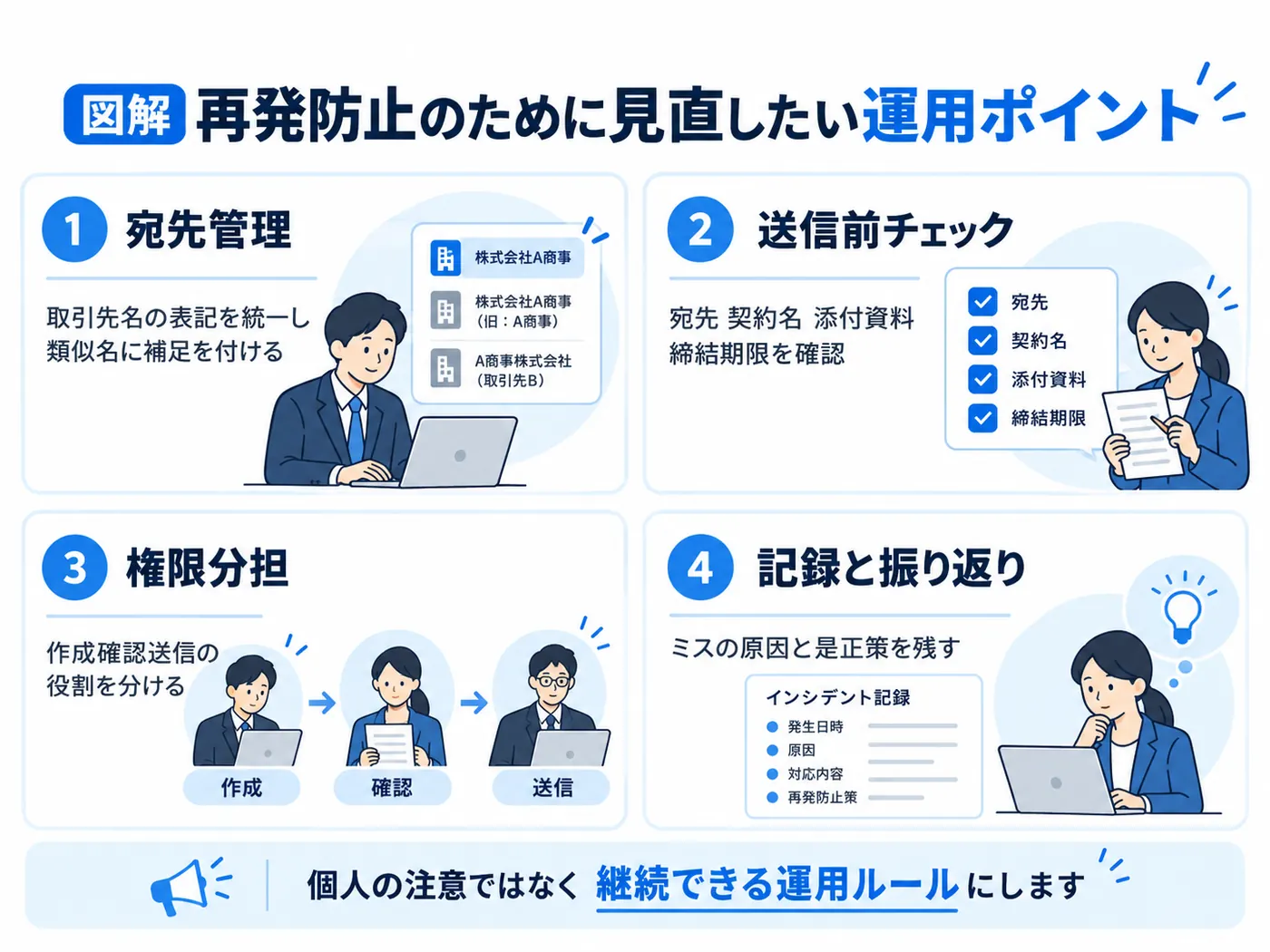 宛先管理、送信前チェック、権限分担、事故記録と振り返りの四つの誤送信防止策を示す図解